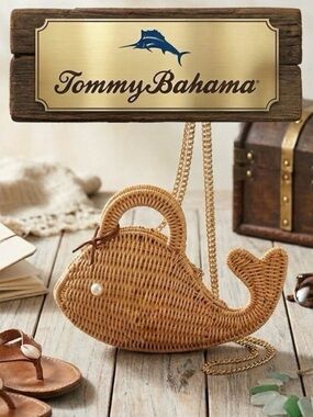 Tommy Bahama Tan Wicker Whale-Shaped Crossbody with Gold Chain